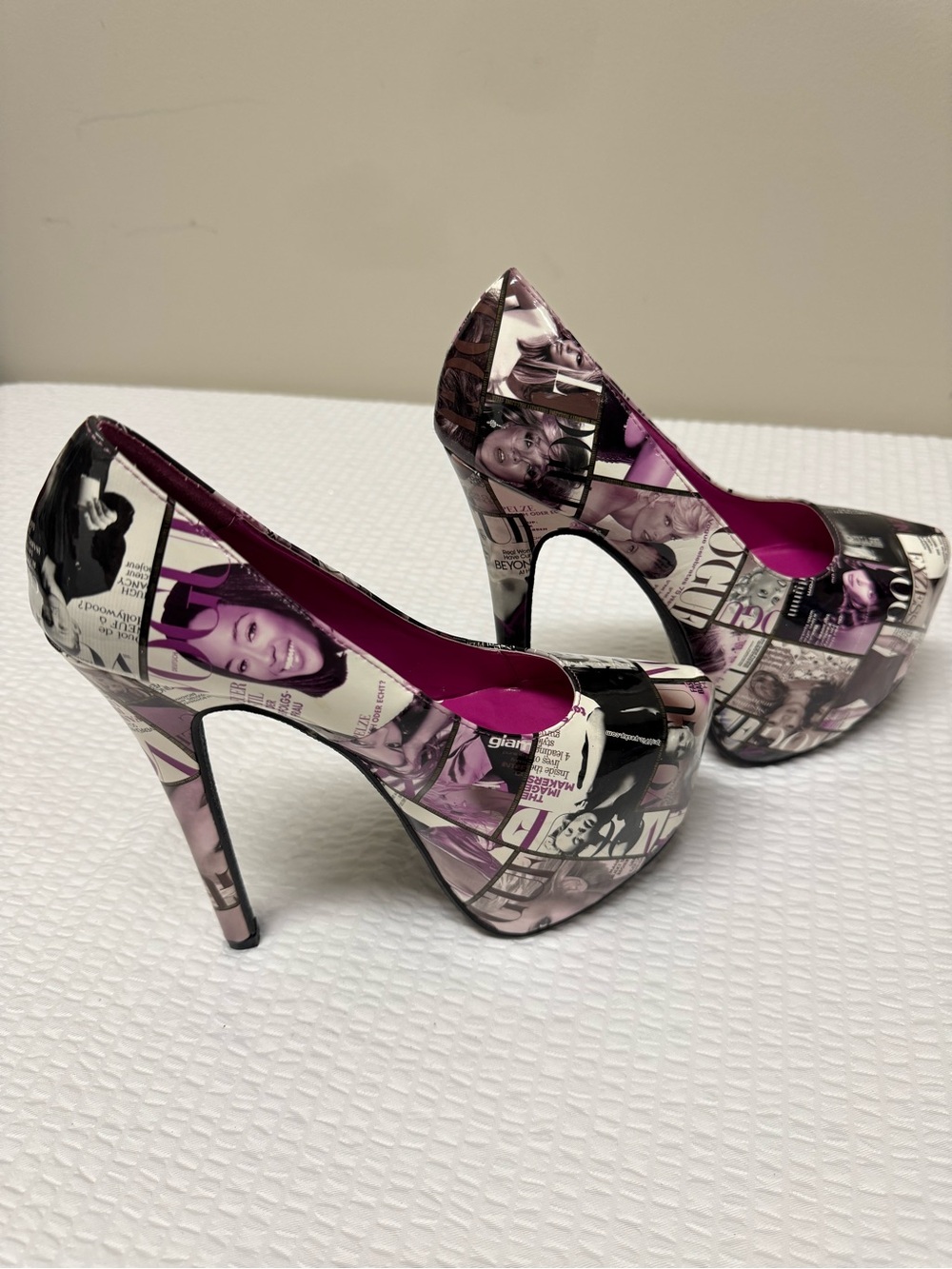 Magazine-Print Pink Platform Stiletto Pumps